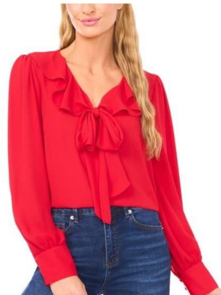 $79 Cece Ruffle Tie V- Neck Top Red Size M
